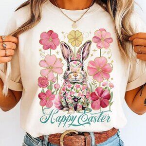 Happy Easter Bunny T-Shirt, Retro Floral Rabbit Tee